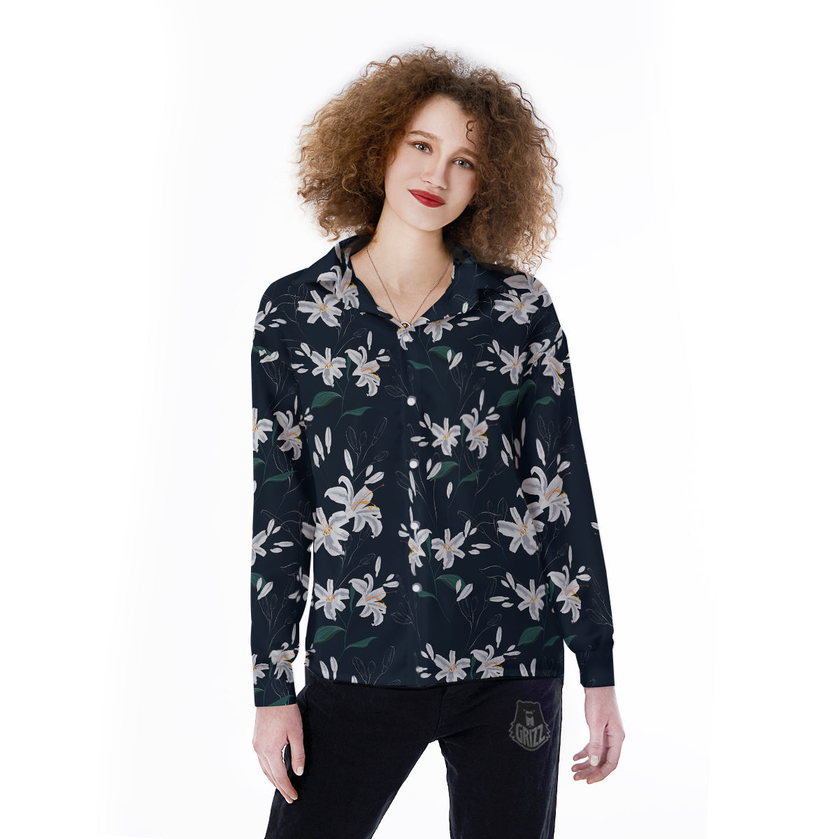 White Lily Black Print Pattern Women's Long Sleeve Shirts-grizzshop
