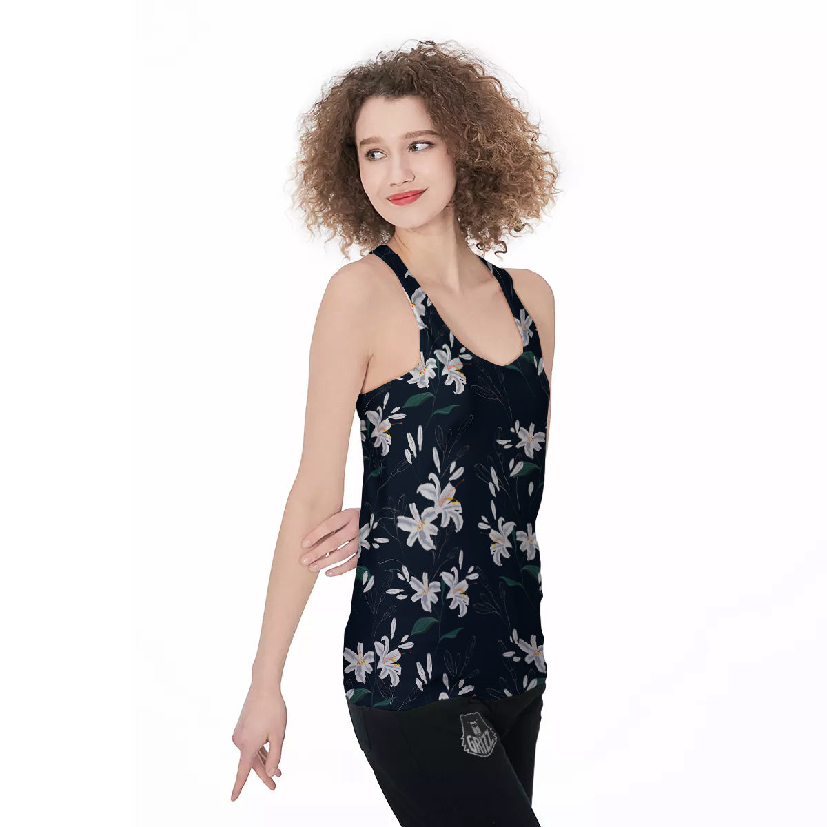 White Lily Black Print Pattern Women's Racerback Tank Top-grizzshop