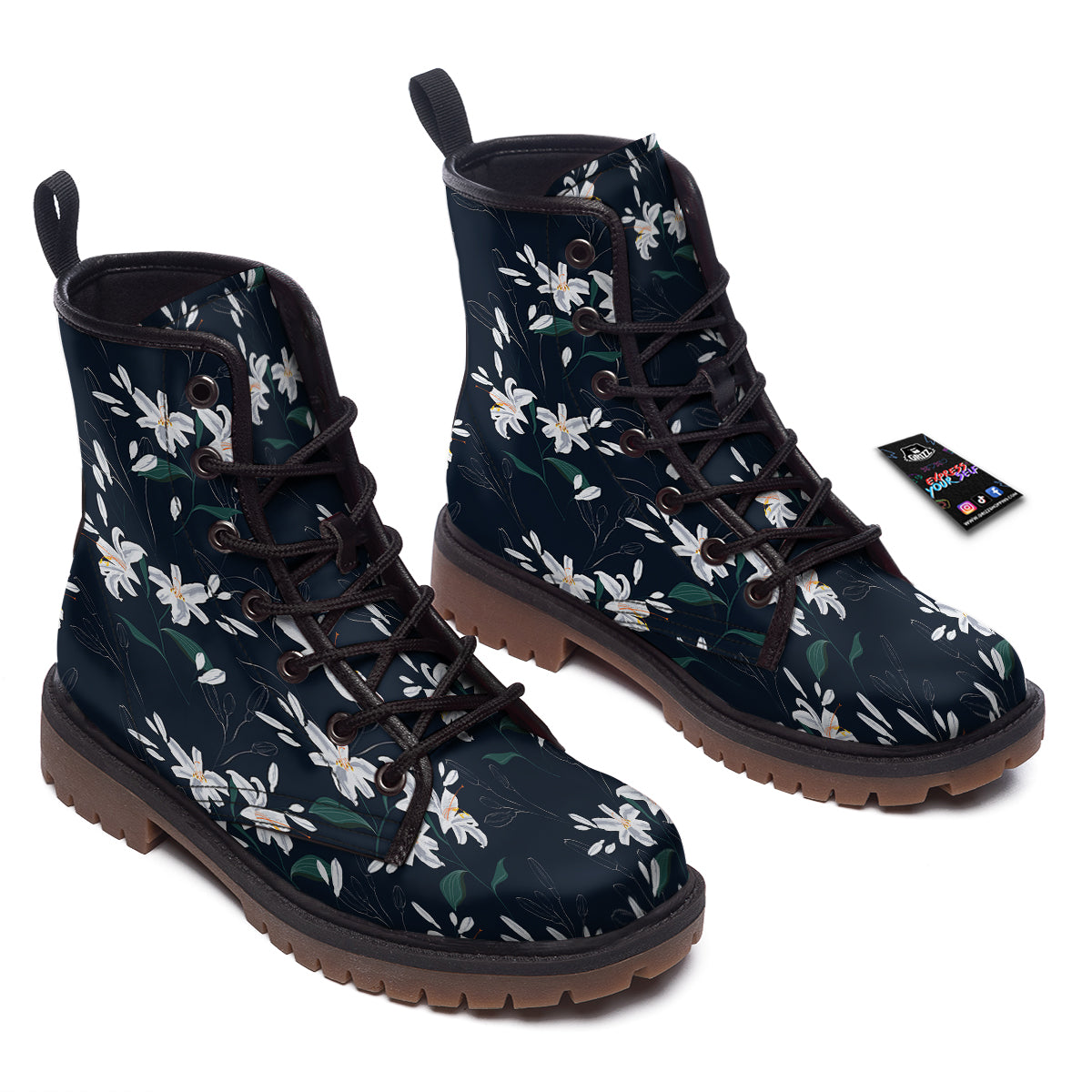 White Lily Black Print Pattern Work Boots-grizzshop