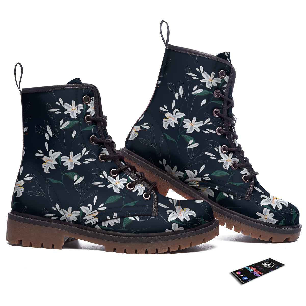 White Lily Black Print Pattern Work Boots-grizzshop