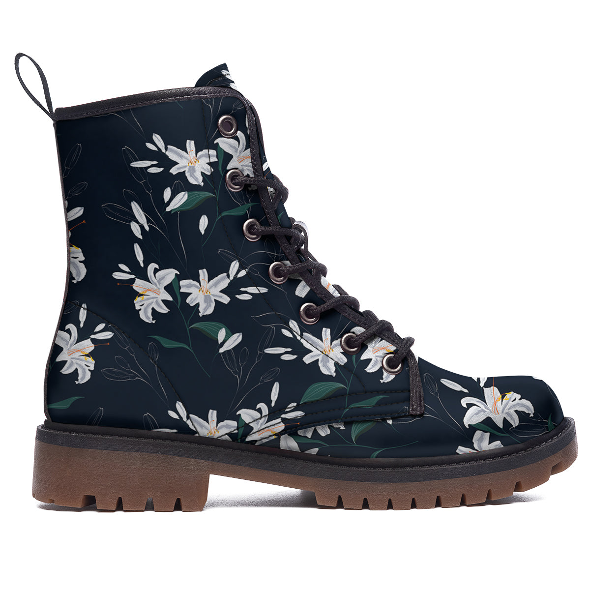 White Lily Black Print Pattern Work Boots-grizzshop