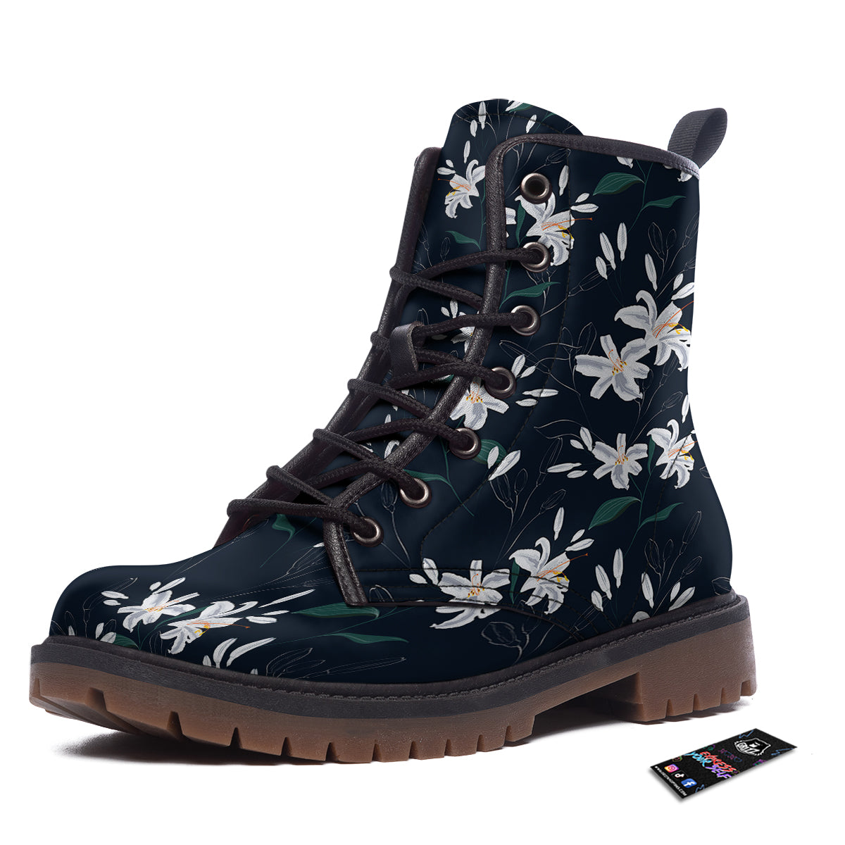 White Lily Black Print Pattern Work Boots-grizzshop