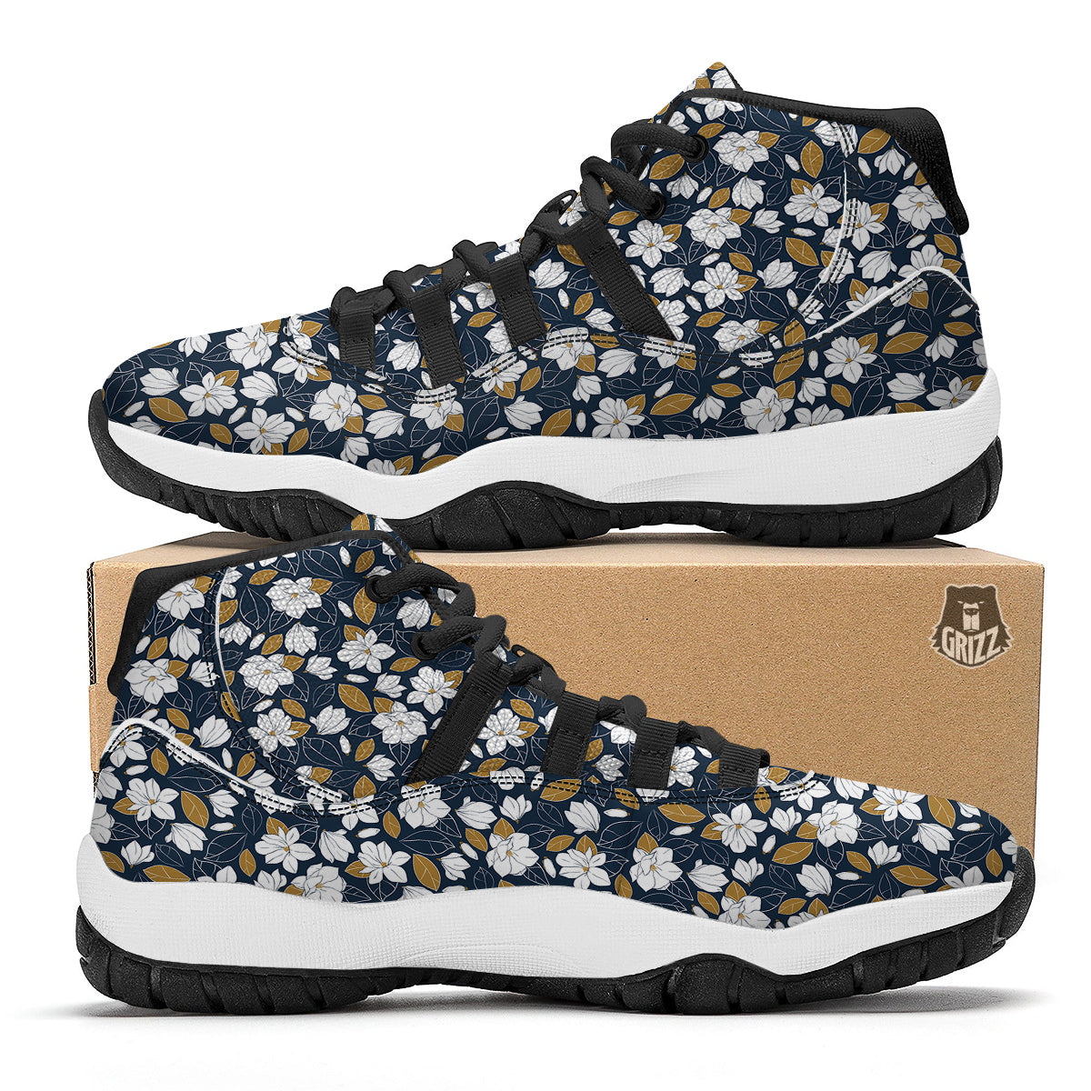 White Magnolia And Leaf Brown Print Pattern Black Bball Shoes-grizzshop