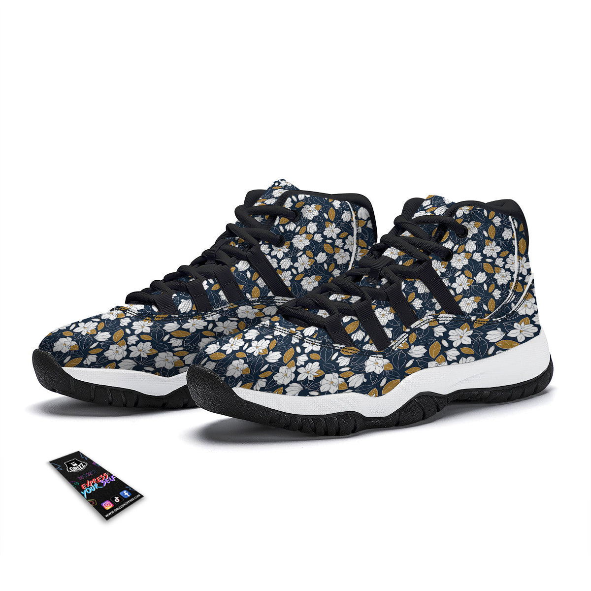 White Magnolia And Leaf Brown Print Pattern Black Bball Shoes-grizzshop