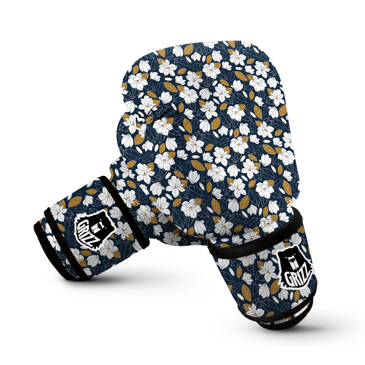 White Magnolia And Leaf Brown Print Pattern Boxing Gloves-grizzshop