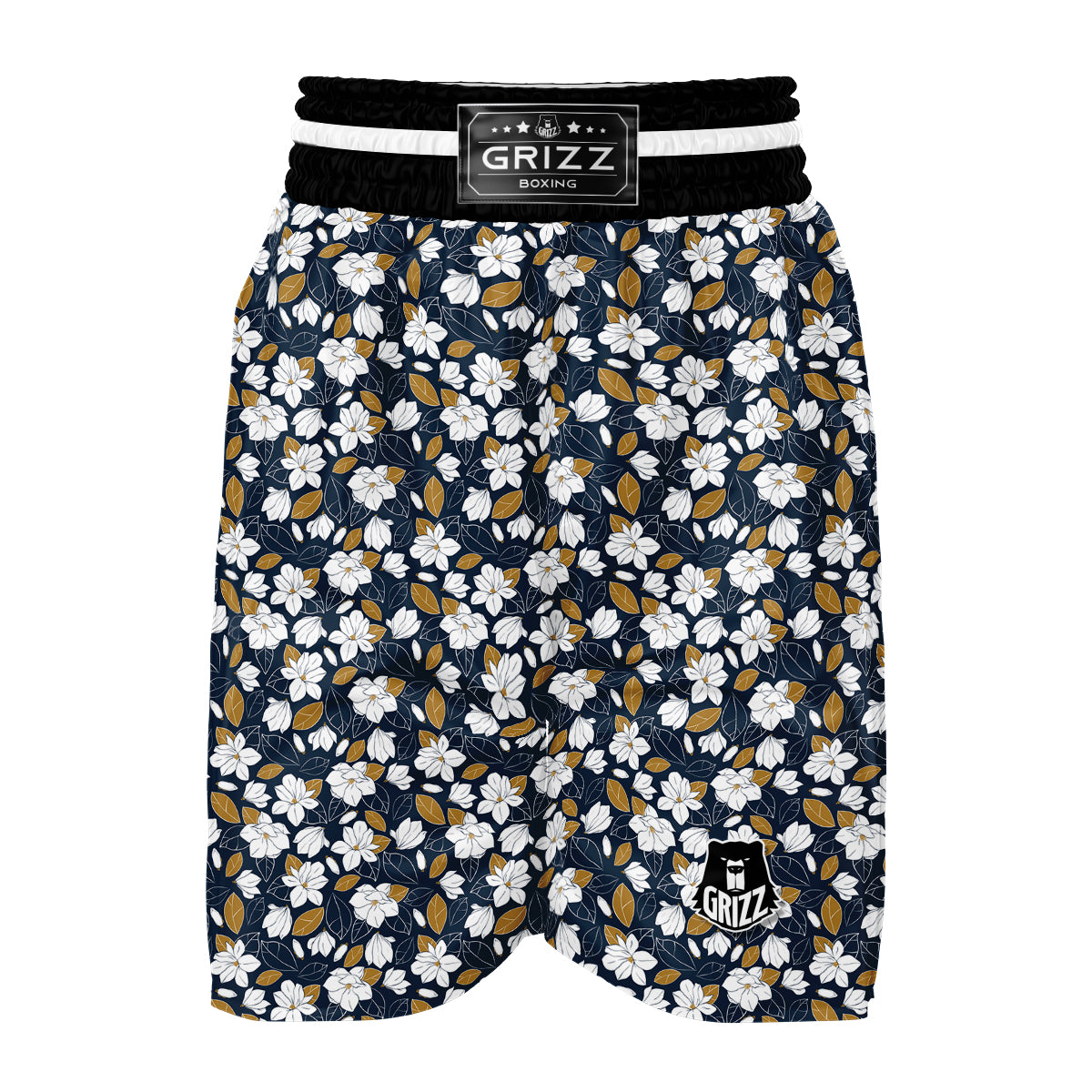 White Magnolia And Leaf Brown Print Pattern Boxing Shorts-grizzshop