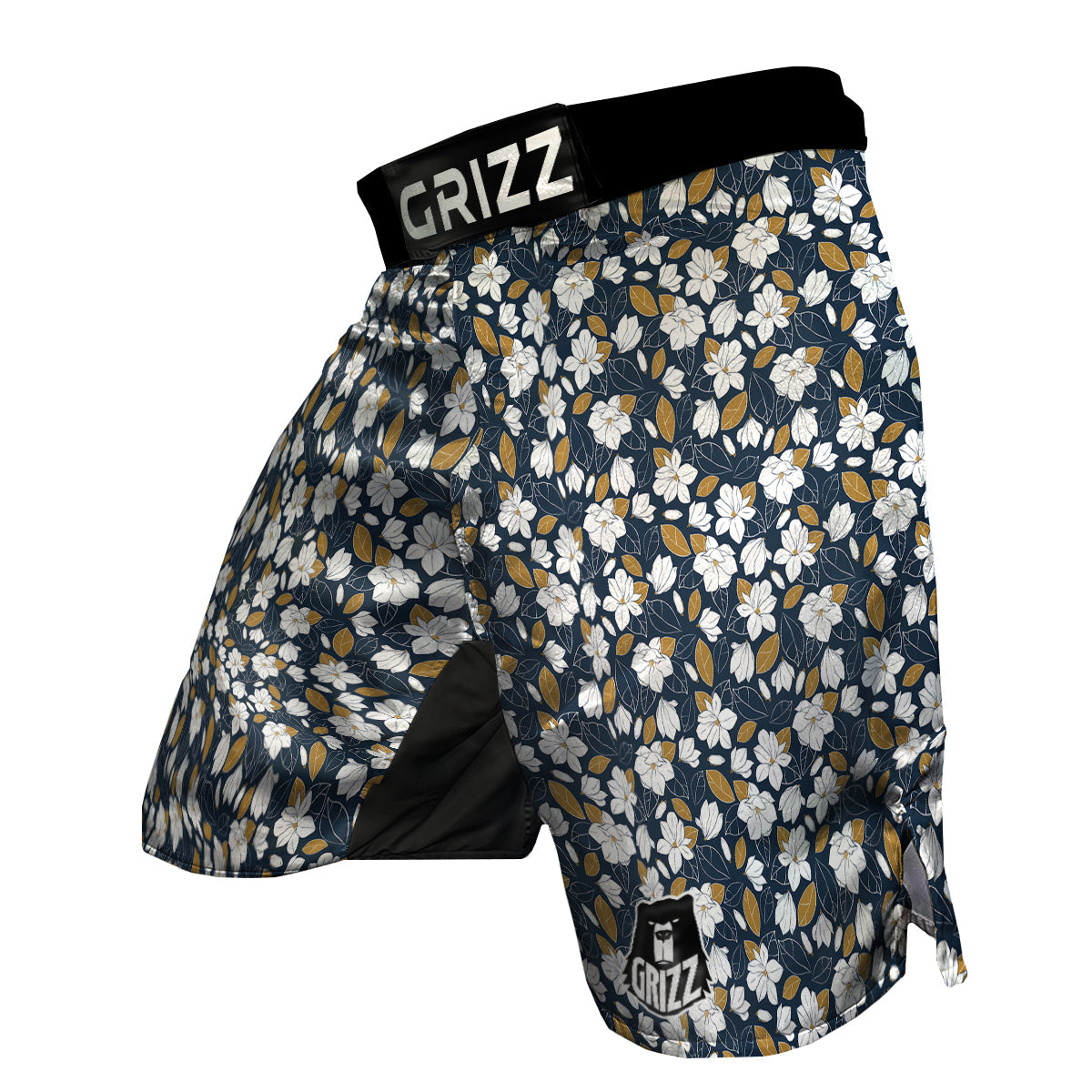 White Magnolia And Leaf Brown Print Pattern MMA Shorts-grizzshop