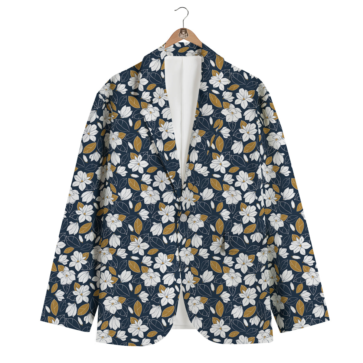 White Magnolia And Leaf Brown Print Pattern Men's Blazer-grizzshop