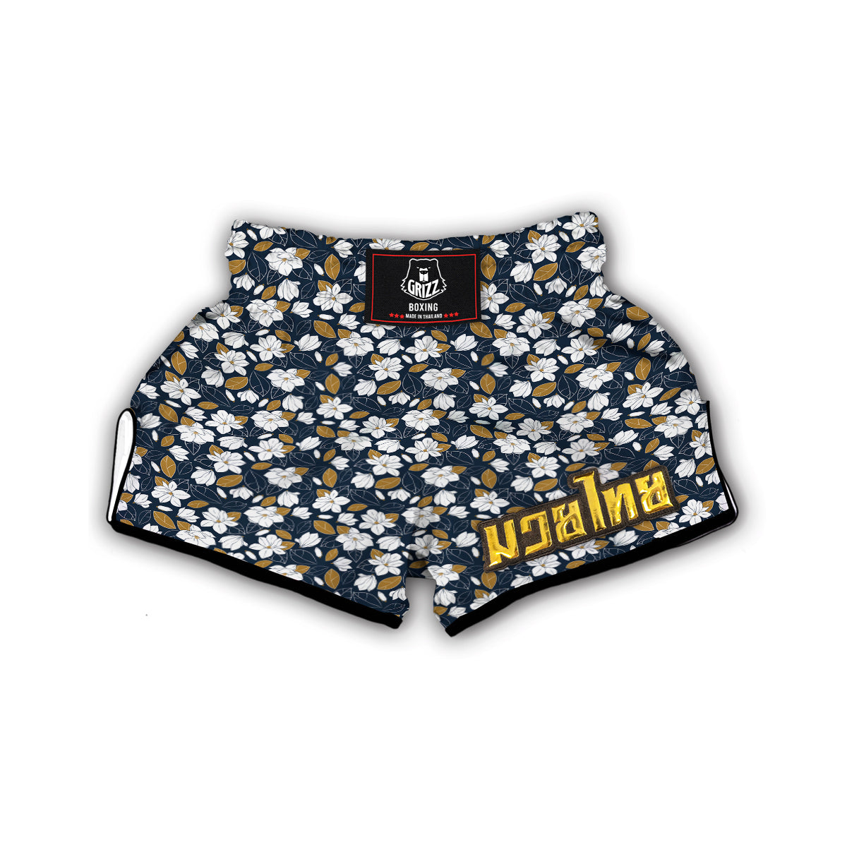 White Magnolia And Leaf Brown Print Pattern Muay Thai Boxing Shorts-grizzshop