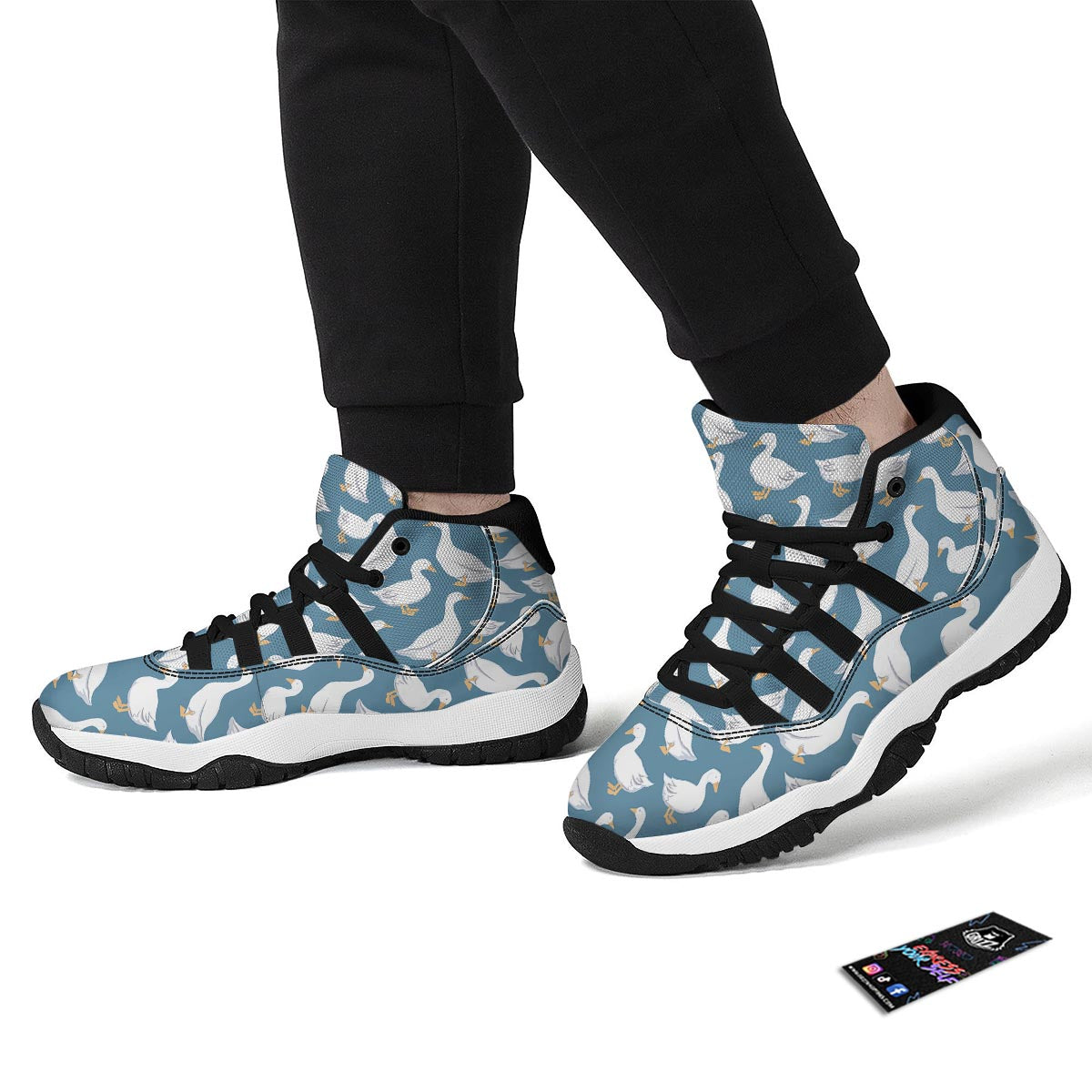 White Mallard Duck Pattern Print Black Bball Shoes-grizzshop