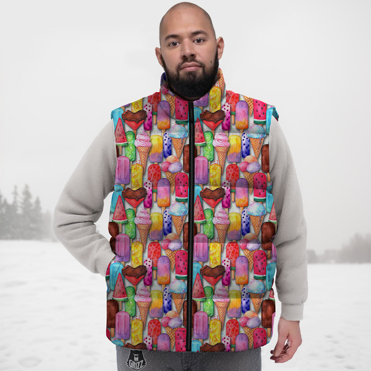 Watercolor Ice Cream Print Pattern Down Vest