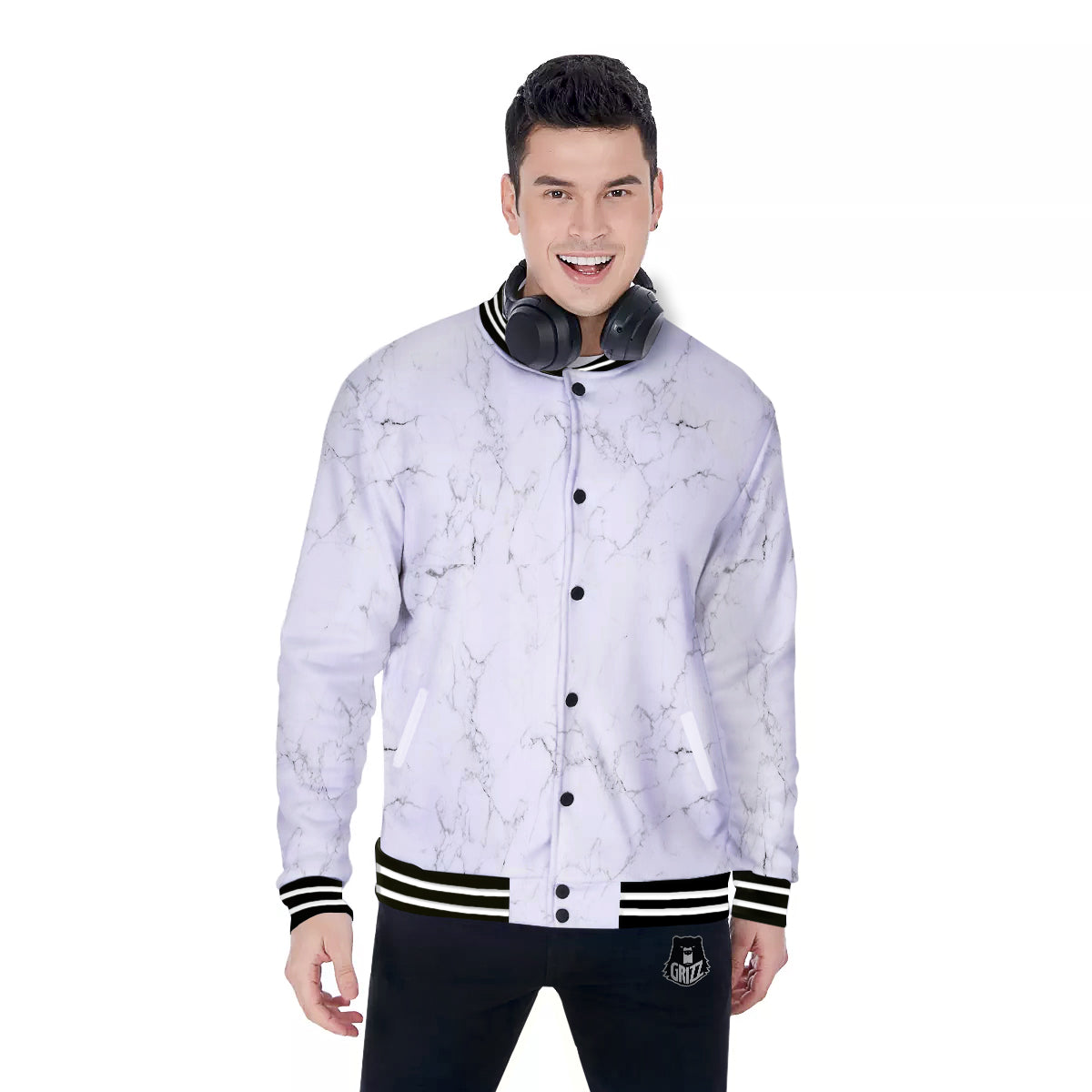 White Marble Pattern Baseball Jacket-grizzshop