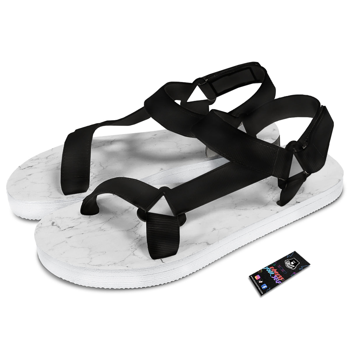 White Marble Pattern Black Open Toe Sandals-grizzshop