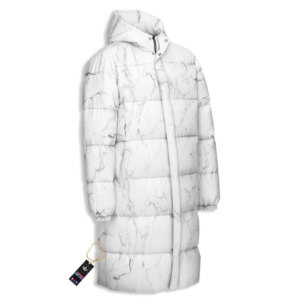 White Marble Pattern Long Down Jacket-grizzshop