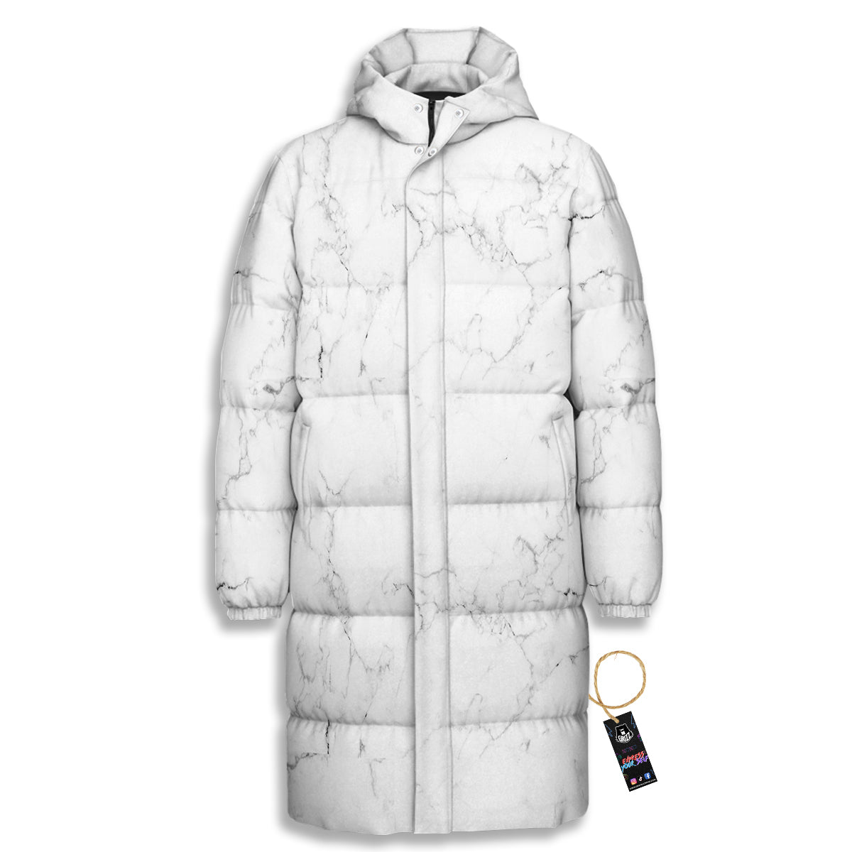 White Marble Pattern Long Down Jacket-grizzshop