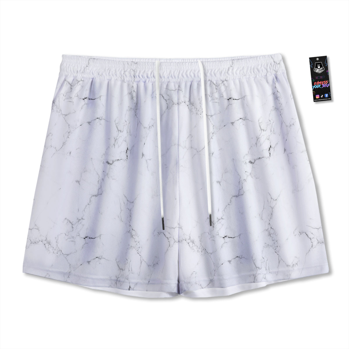White Marble Pattern Mesh Shorts