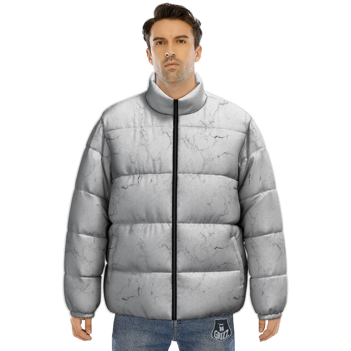 White Marble Pattern Puffer Jacket-grizzshop