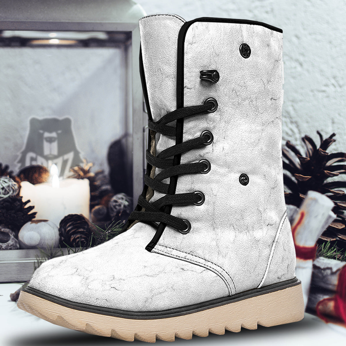 White Marble Pattern Snow Boots-grizzshop