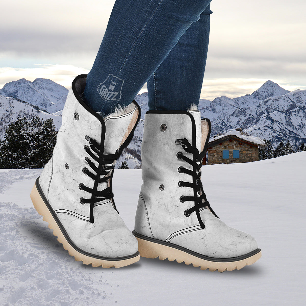 White Marble Pattern Snow Boots-grizzshop