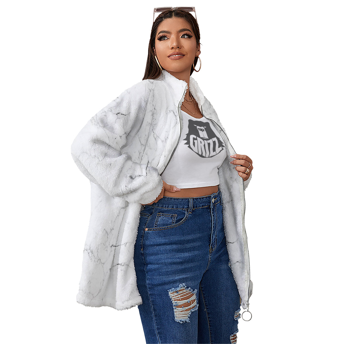 White Marble Pattern Women's Sherpa Jacket-grizzshop