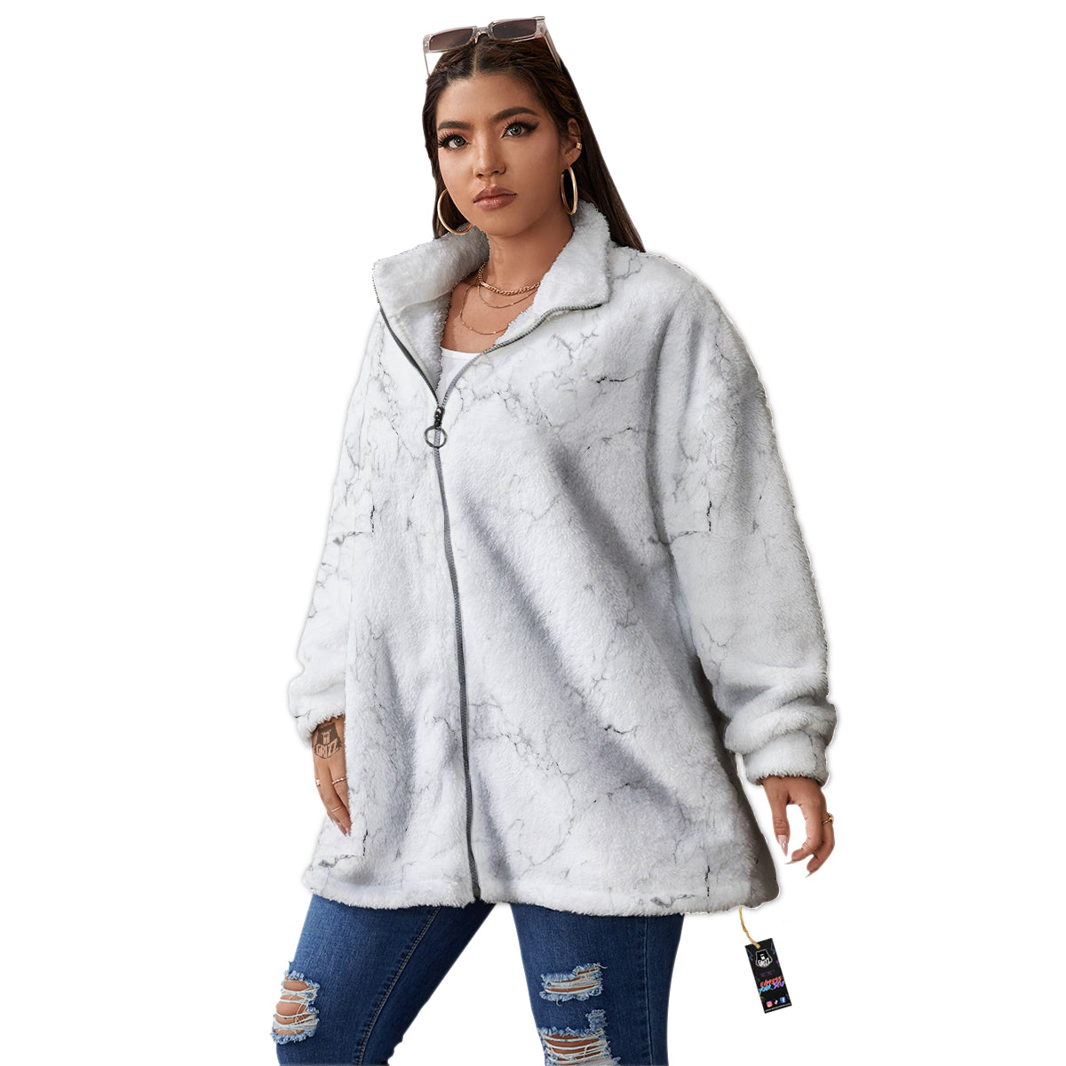 White Marble Pattern Women's Sherpa Jacket-grizzshop