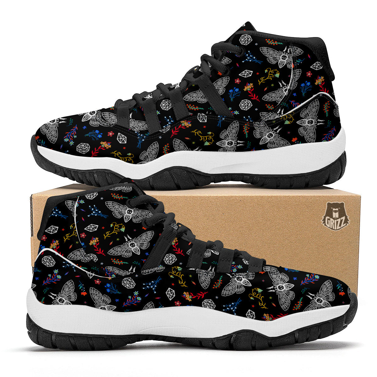 White Moth Hand Drawn Print Pattern Black Bball Shoes-grizzshop
