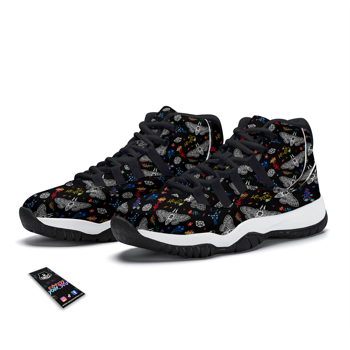 White Moth Hand Drawn Print Pattern Black Bball Shoes-grizzshop