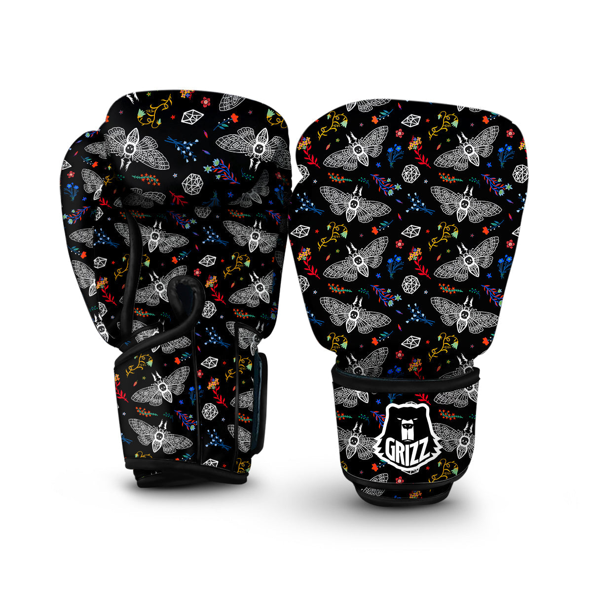 White Moth Hand Drawn Print Pattern Boxing Gloves-grizzshop