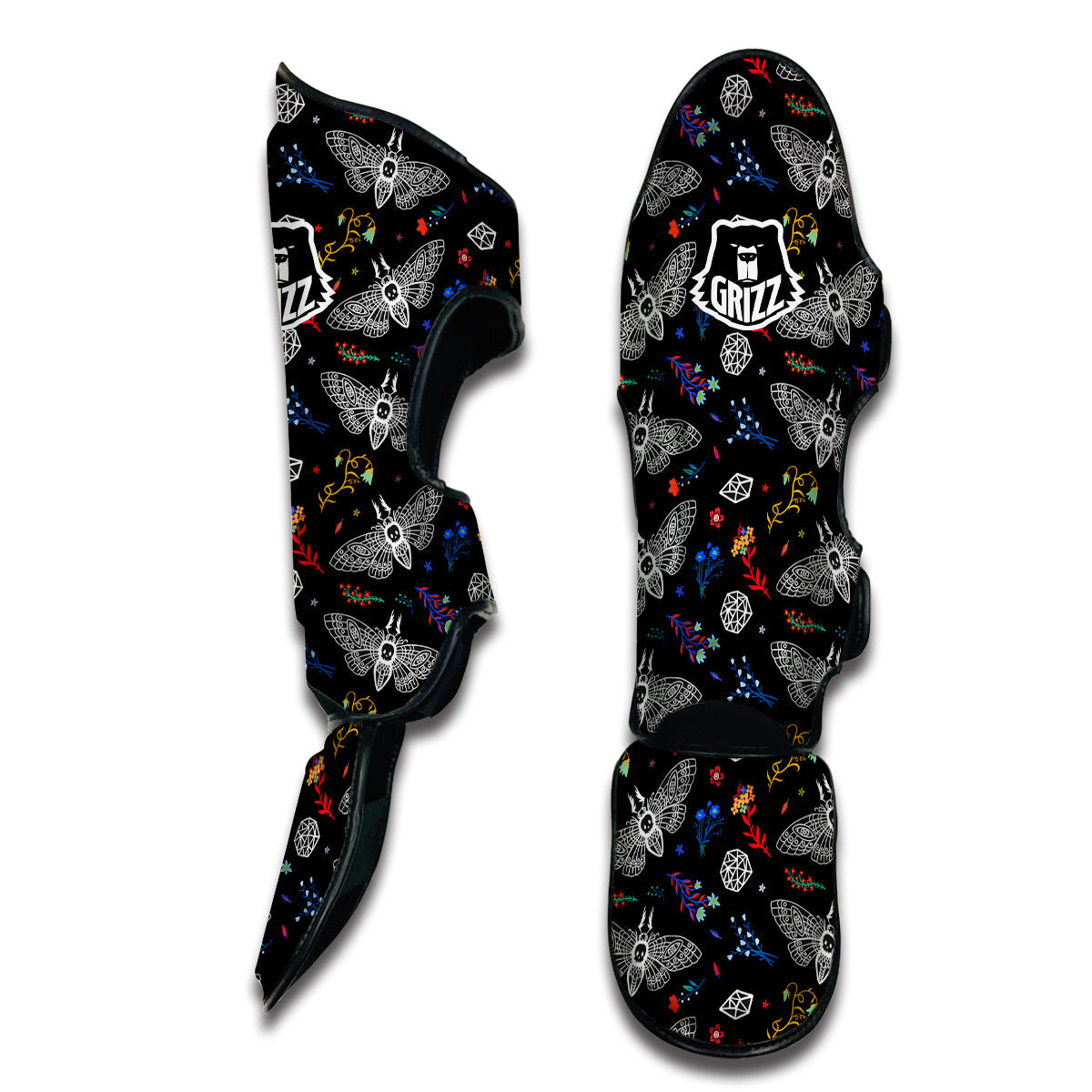 White Moth Hand Drawn Print Pattern Muay Thai Shin Guards-grizzshop