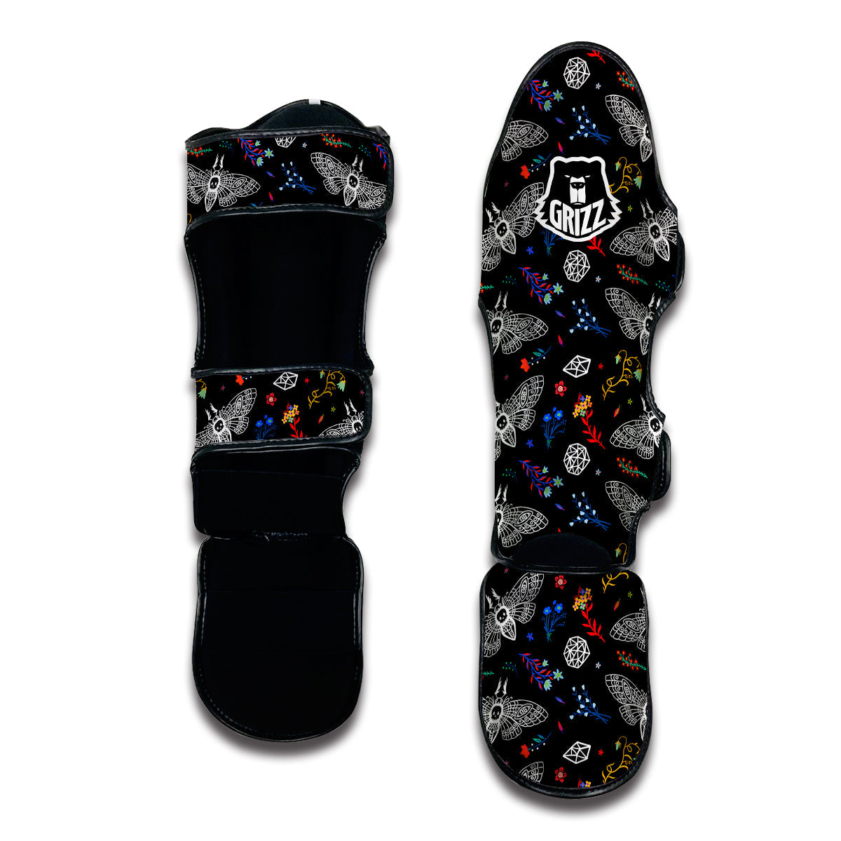 White Moth Hand Drawn Print Pattern Muay Thai Shin Guards-grizzshop