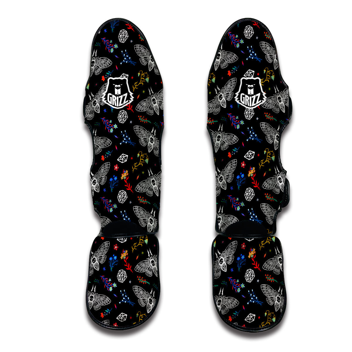 White Moth Hand Drawn Print Pattern Muay Thai Shin Guards-grizzshop