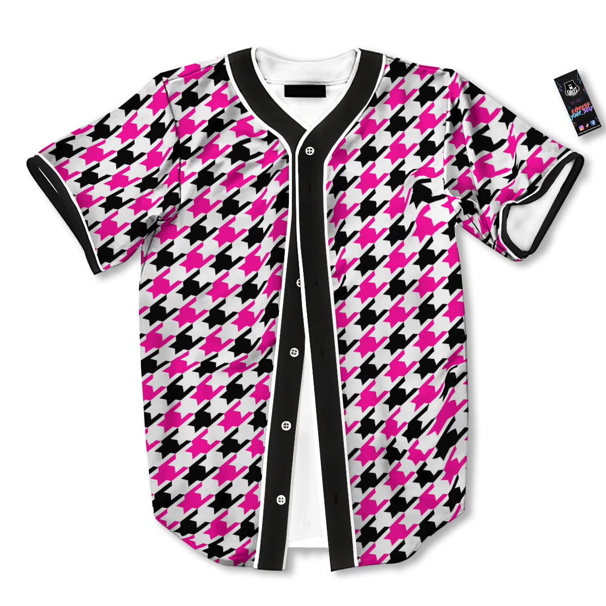 White Pink And Black Houndstooth Print Baseball Jersey-grizzshop