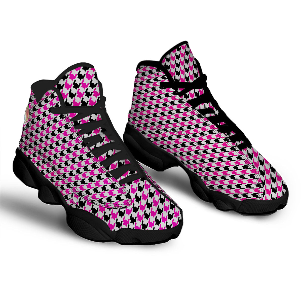 White Pink And Black Houndstooth Print Black Basketball Shoes-grizzshop