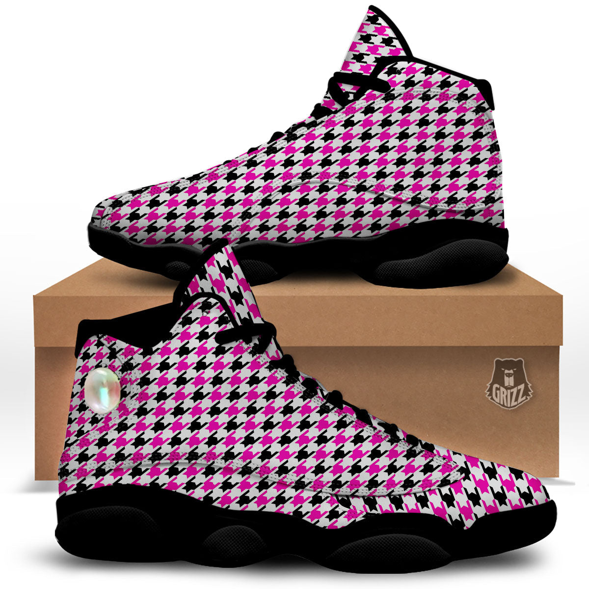 White Pink And Black Houndstooth Print Black Basketball Shoes-grizzshop
