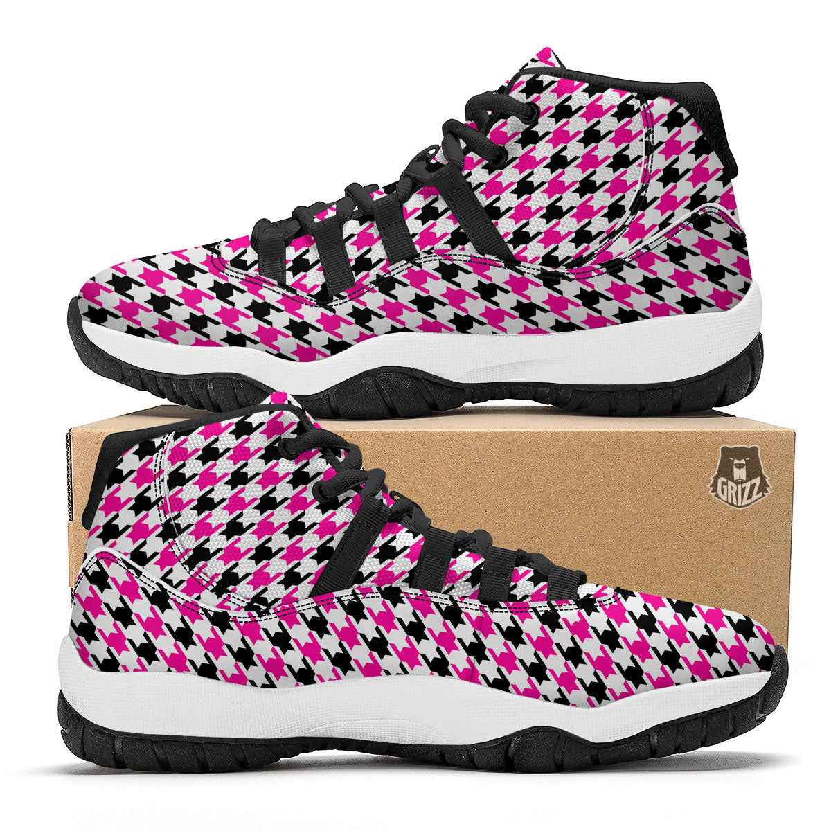 White Pink And Black Houndstooth Print Black Bball Shoes-grizzshop