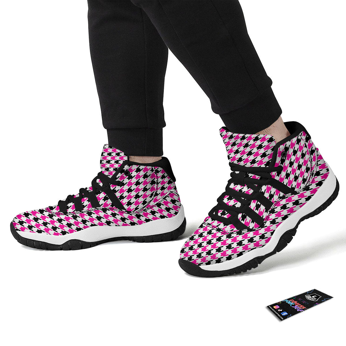 White Pink And Black Houndstooth Print Black Bball Shoes-grizzshop