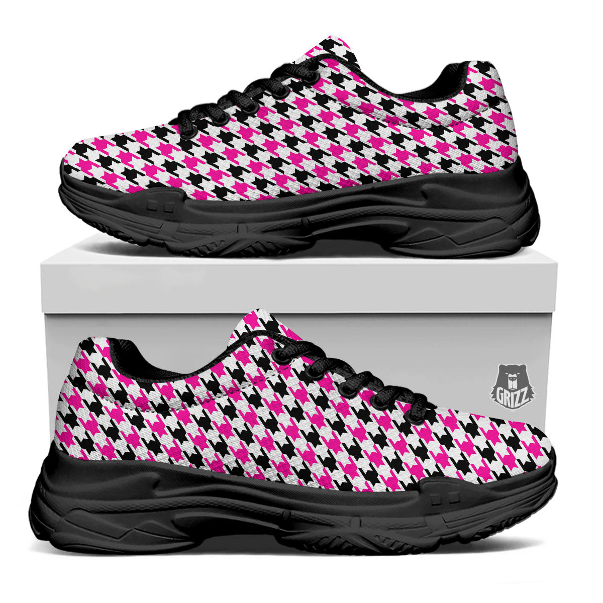 White Pink And Black Houndstooth Print Black Chunky Shoes-grizzshop