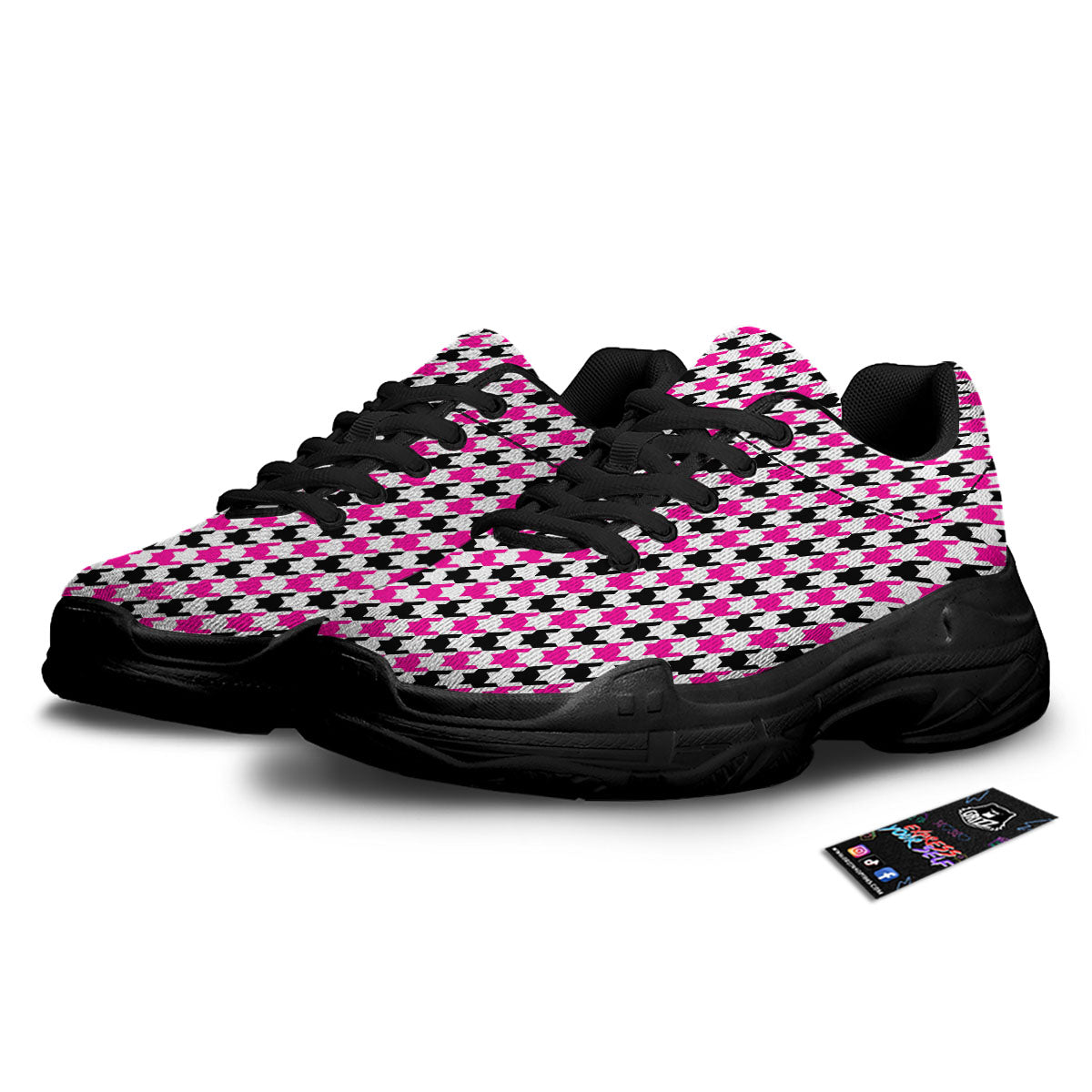 White Pink And Black Houndstooth Print Black Chunky Shoes-grizzshop