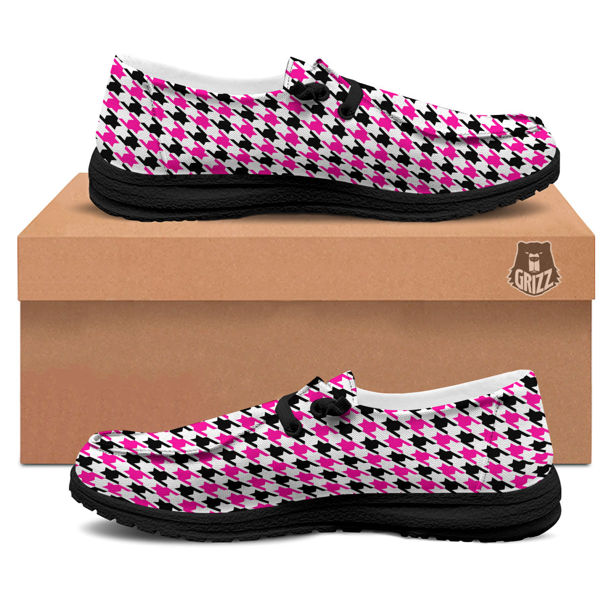 White Pink And Black Houndstooth Print Black Loafers-grizzshop