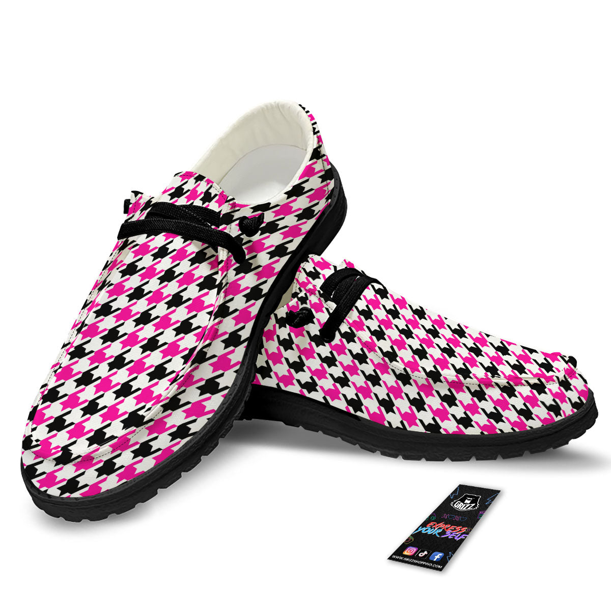 White Pink And Black Houndstooth Print Black Loafers-grizzshop