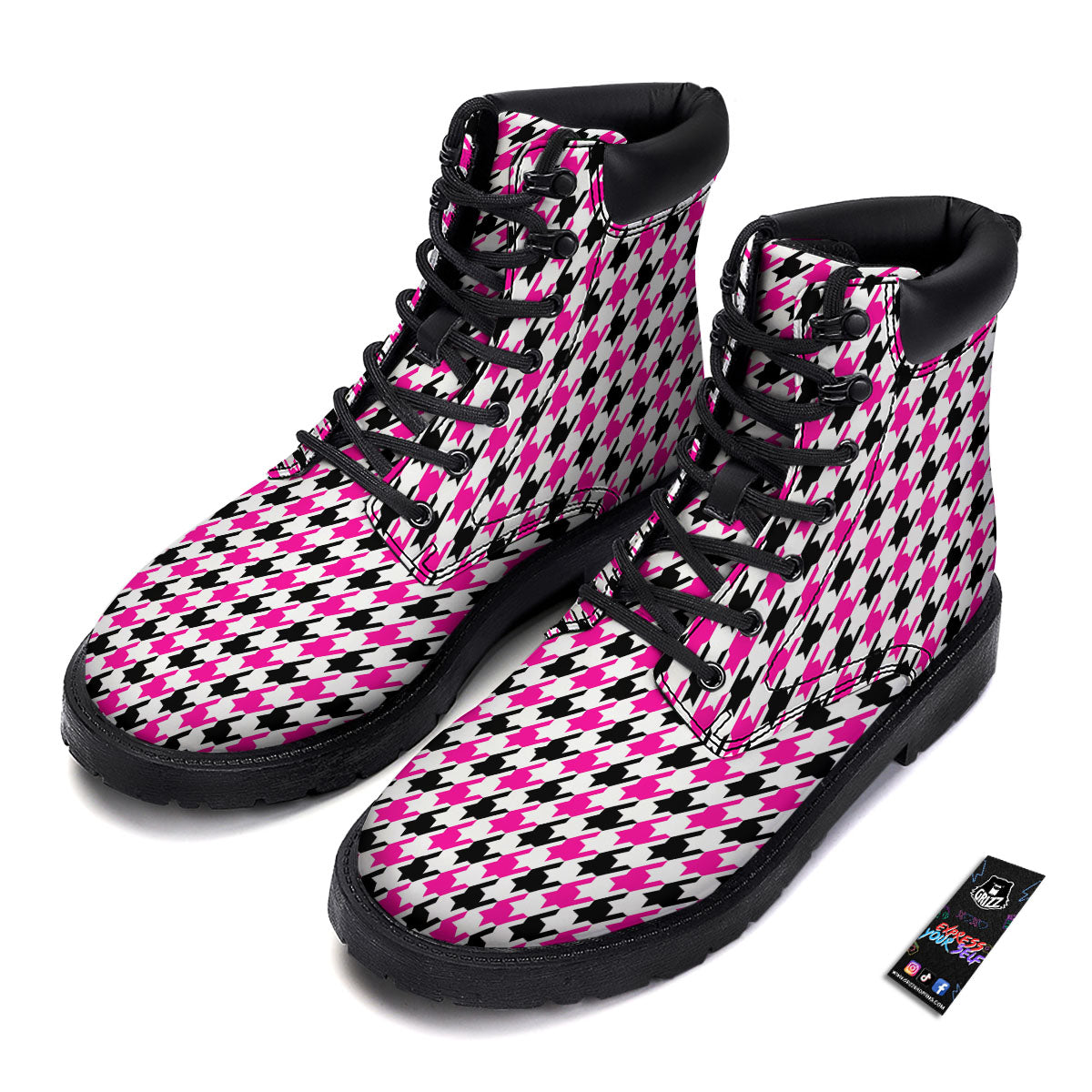 White Pink And Black Houndstooth Print Boots-grizzshop
