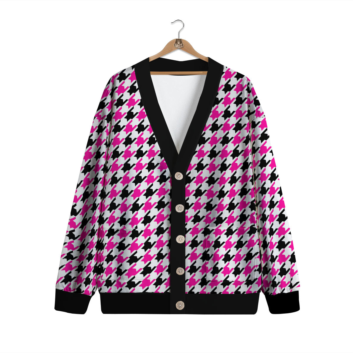 White Pink And Black Houndstooth Print Cardigan-grizzshop