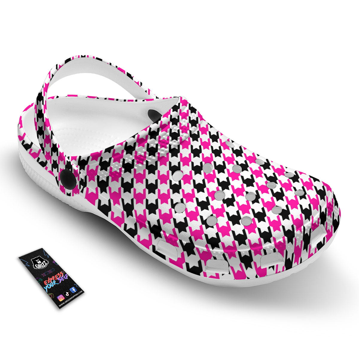 White Pink And Black Houndstooth Print Clog-grizzshop