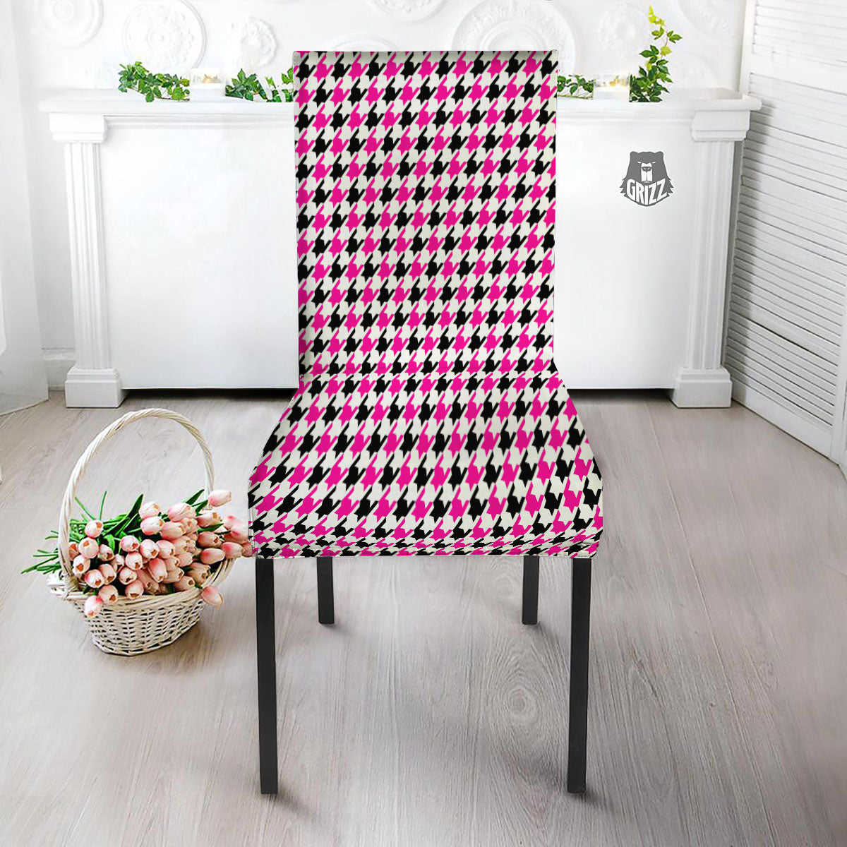 White Pink And Black Houndstooth Print Dining Chair Slipcover-grizzshop