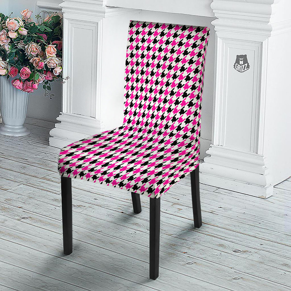 White Pink And Black Houndstooth Print Dining Chair Slipcover-grizzshop