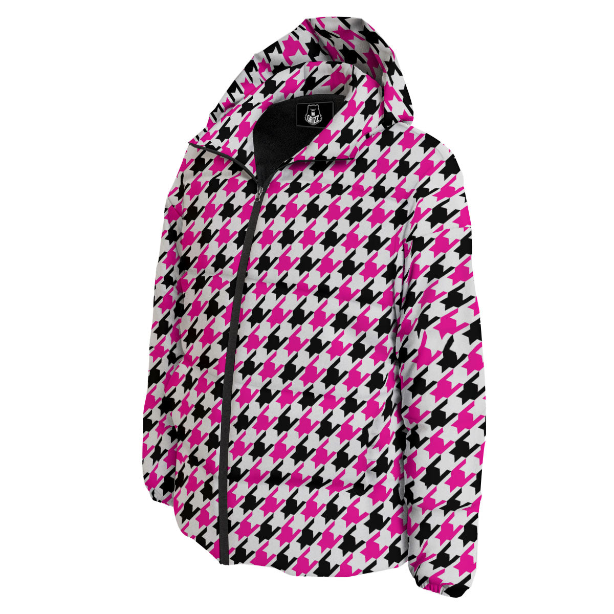 White Pink And Black Houndstooth Print Down Jacket-grizzshop