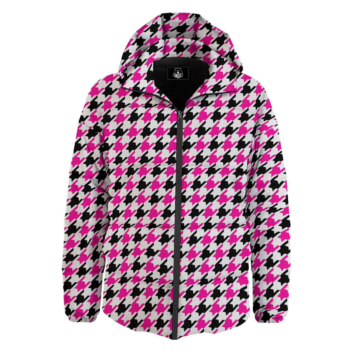 White Pink And Black Houndstooth Print Down Jacket-grizzshop