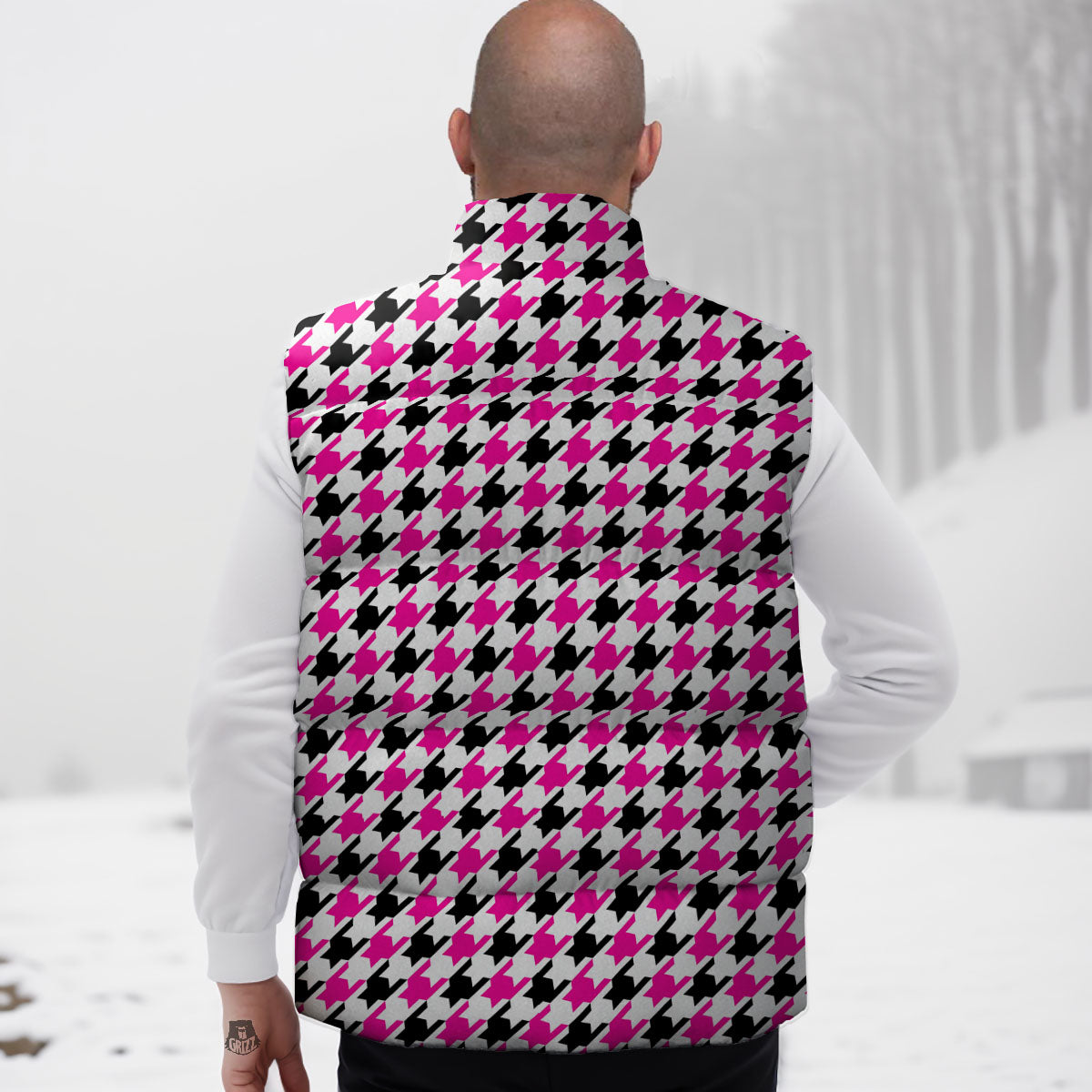 White Pink And Black Houndstooth Print Down Vest