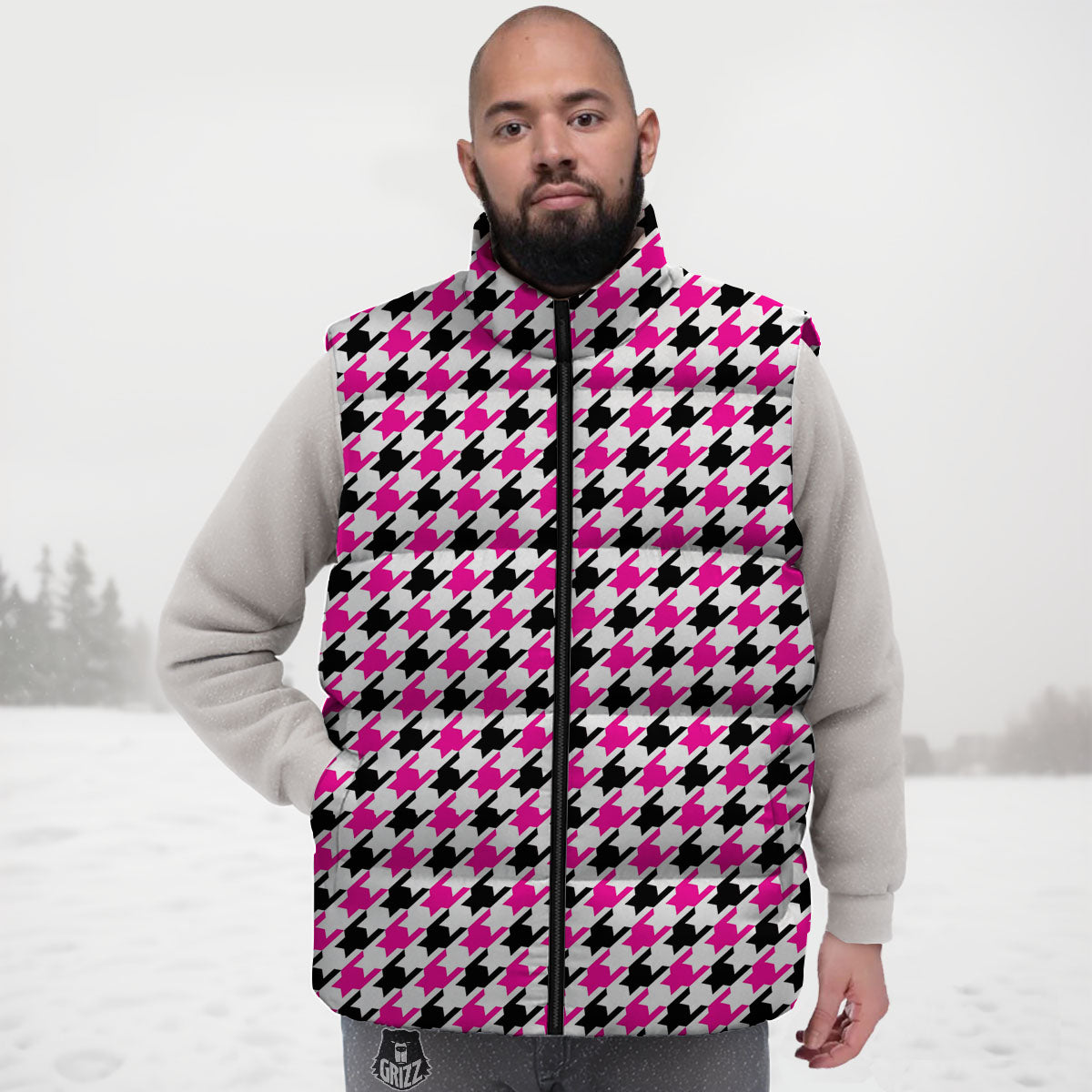 White Pink And Black Houndstooth Print Down Vest