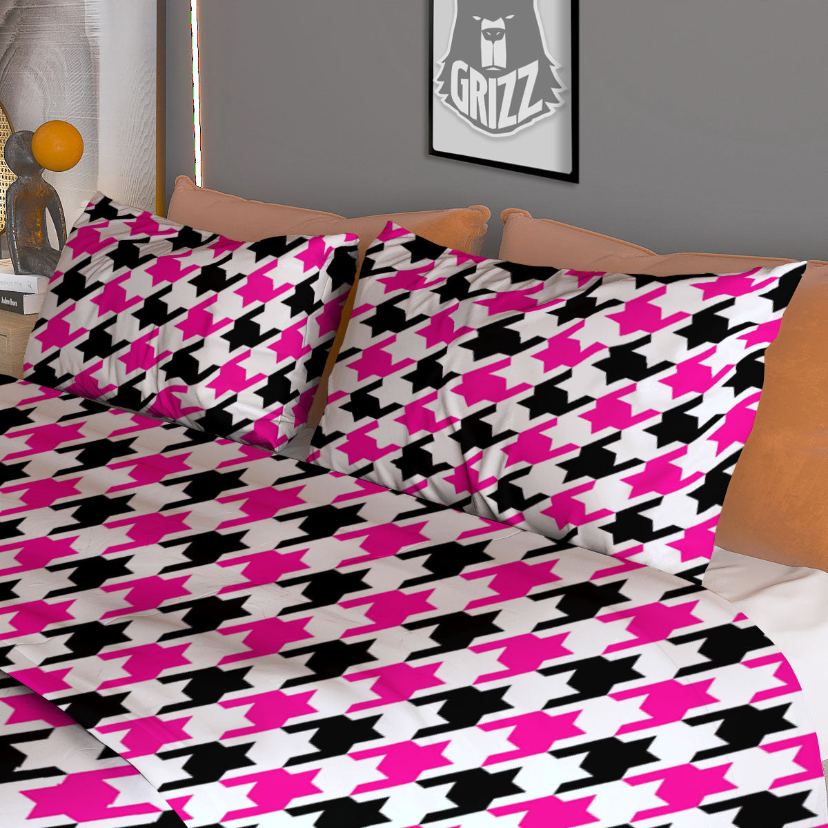 White Pink And Black Houndstooth Print Duvet Cover Bedding Set